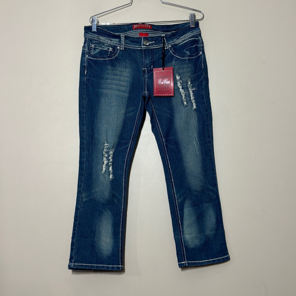 Nwt New Red Rivet Blue Jeans || Flap Pockets Crop Distress Stretch Size 11